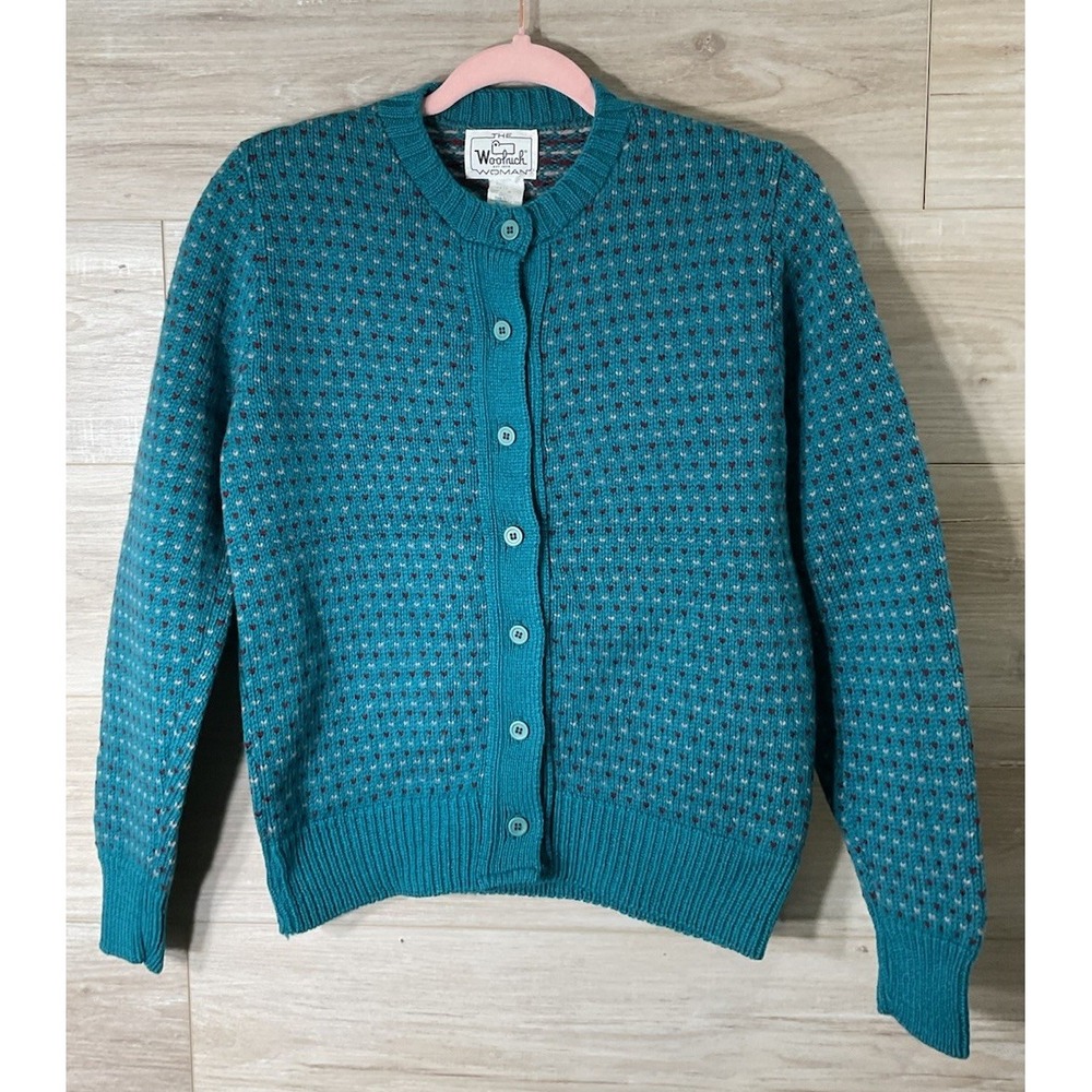 Vintage Woolrich Cardigan Sweater Womens Medium Teal Wool Birdseye Cottage 90s